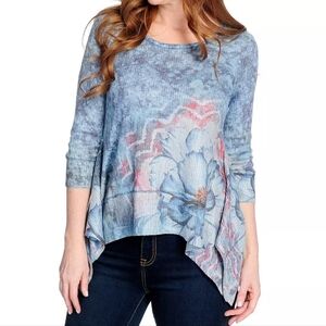 ONE WORLD Artsy Asymmetric Abstract Blue Pink Ribbed Boho Henley NWT